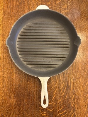 LE CREUSET #30 White Enamel Cast Iron 12'' Round Grill Skillet Double Spouted