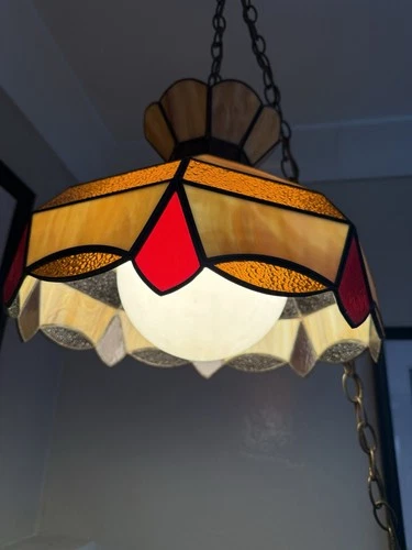 Vintage Tiffany Style Hanging Ceiling Lamp Shade w/ Bulb Stained Glass 15”wide