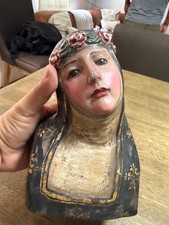 Antique hand-carved polychrome religious bust / saint head, wood, glass eyes,