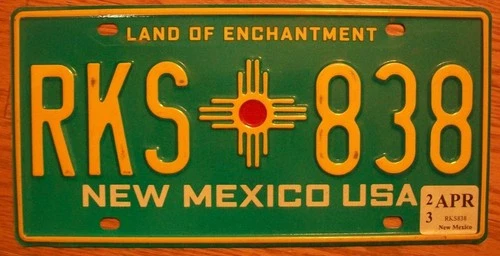 SINGLE NEW MEXICO LICENSE PLATE - RKS*838 - Land of Enchantment