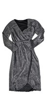 Size 10 Black Silver Leopard Print Wrap Dress Sparkly Belted Party Evening