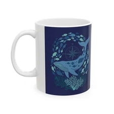 Whale & Fish Ocean Theme 11 oz Coffee Mug Gift Idea Nautical Compass