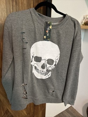 B Women's Skull Gray Long Sleeve Sweatshirt Size Medium