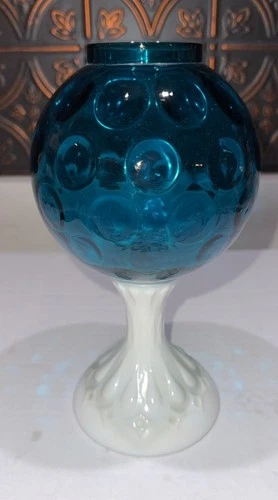 Fenton Blue Coin Dot Pedestal Ivy Ball/Bubble Fairy Lamp  9”
