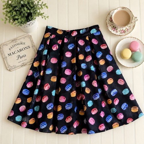 The Moon Macaron Print Circle Skirt Black Retro Pin Up Rockabilly lined Size S