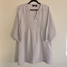 TAHARI Linen Tunic Shirt Dress Women’s Gray Long Sleeve Swim Cover Pockets Sz M