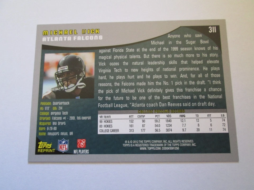 MICHAEL VICK 2012 TOPPS ROOKIE REPRINT FOOTBALL CARD # 311 MINT? - Image 2 of 2