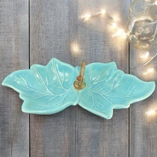 Turquoise Ceramic Dish with White Swirls Double Leaf Tidbit Tray Dish Metal VTG