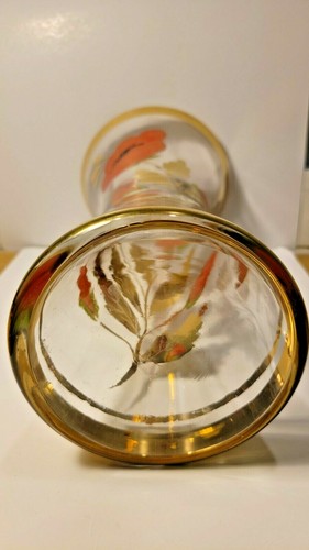 Vintage MCM Glass Vase, Red Flowers and Gold Band and Leaf Pattern 10'' - Picture 6 of 11