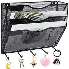 3 Pocket Mesh Hanging File Organizer with Key Holder Hooks  Nametag Label Wa...