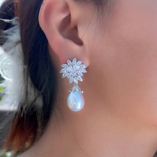 Glittering Flower Leaf Long Drop Pearl Earrings Silver Plated CZ Wedding Jewelry