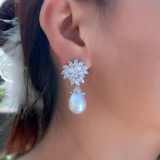Glittering Flower Leaf Long Drop Pearl Earrings Silver Plated CZ Wedding Jewelry