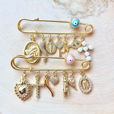 Baptism Baby Pin, Protection Pin, Italian Horn, Evil Eye, Cross, Religious Charm