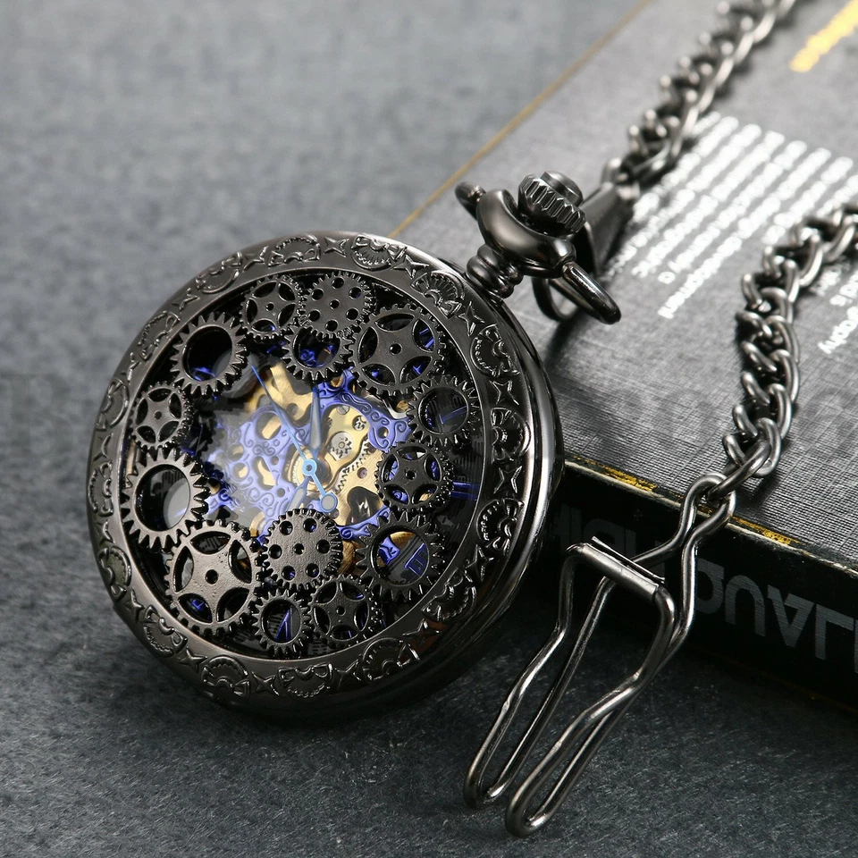 Vintage Steampunk Skeleton Mechanical Pocket Watch Windup Black Men's Women's - Image 4 of 4