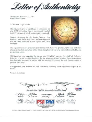 1953 Milwaukee Braves Signed Baseball. 1st Season. Spahn, Mathews. 29 Sigs. JSA - Picture 7 of 7