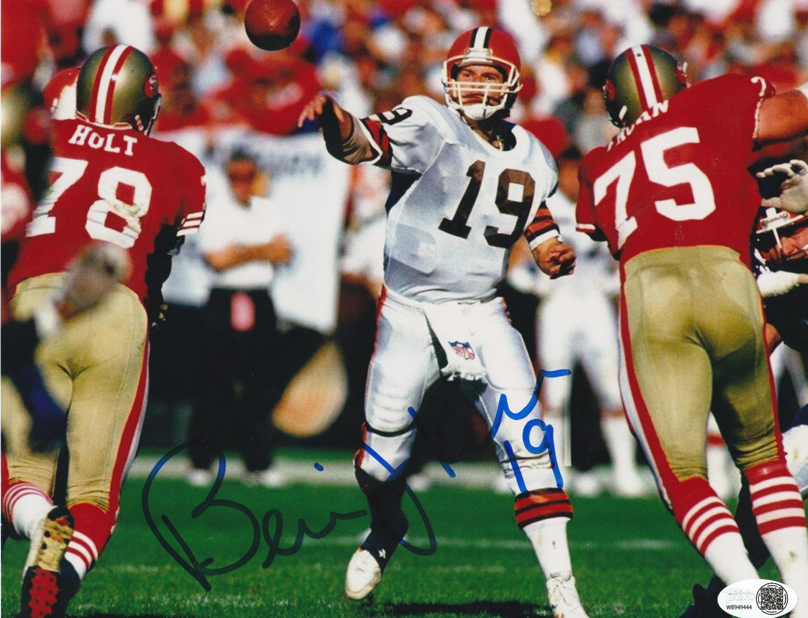 BERNIE KOSAR CLEVELAND BROWNS JSA AUTHENTICATED ACTION SIGNED 8x10 