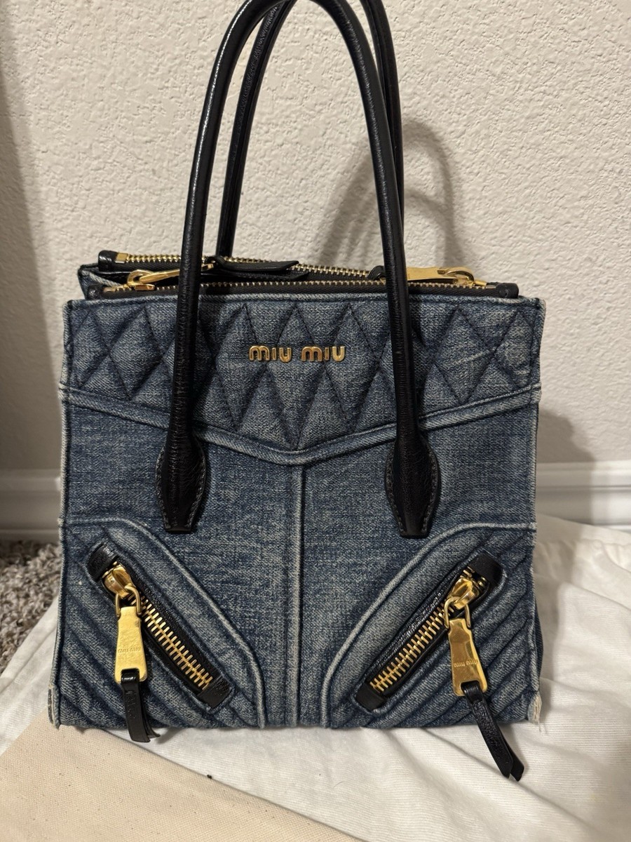 Miu Miu Denim Blue Top Handle Bag Quilted Gold Hardware Zipper