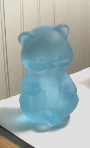 Vintage FENTON soft powder blue satin glass sitting bear 3 3/4" Impressed Logo