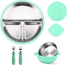 Stainless Steel  Silicone Toddler Plates and Bowls Set with Suction,5-Piece Suc
