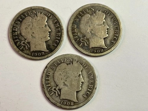 3- Barber Dimes 1908-O, 1908-S, 1908-D *Ungraded*