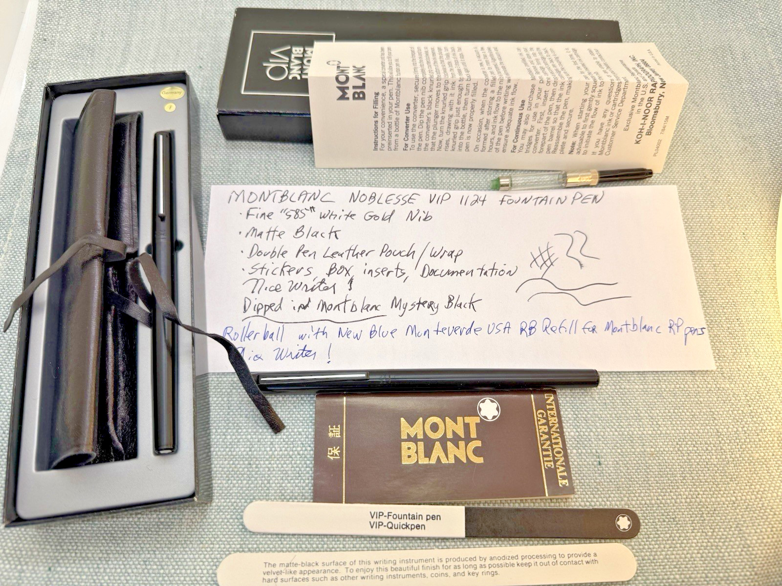 Montblanc 1124 VIP Noblesse Matte Black Fountain Pen F WG 14K & Rollerball Set