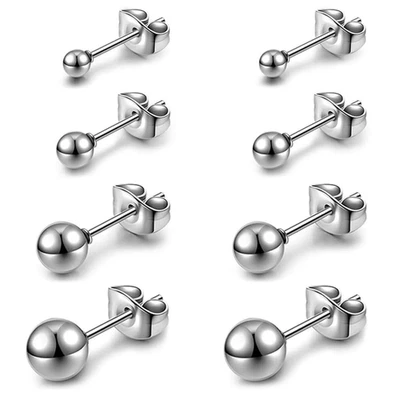 4 Paar Ohrstecker Damen Klein Runde Ohrstecker für Damen Titanstahl Silber Kugel - Bild 1 von 4