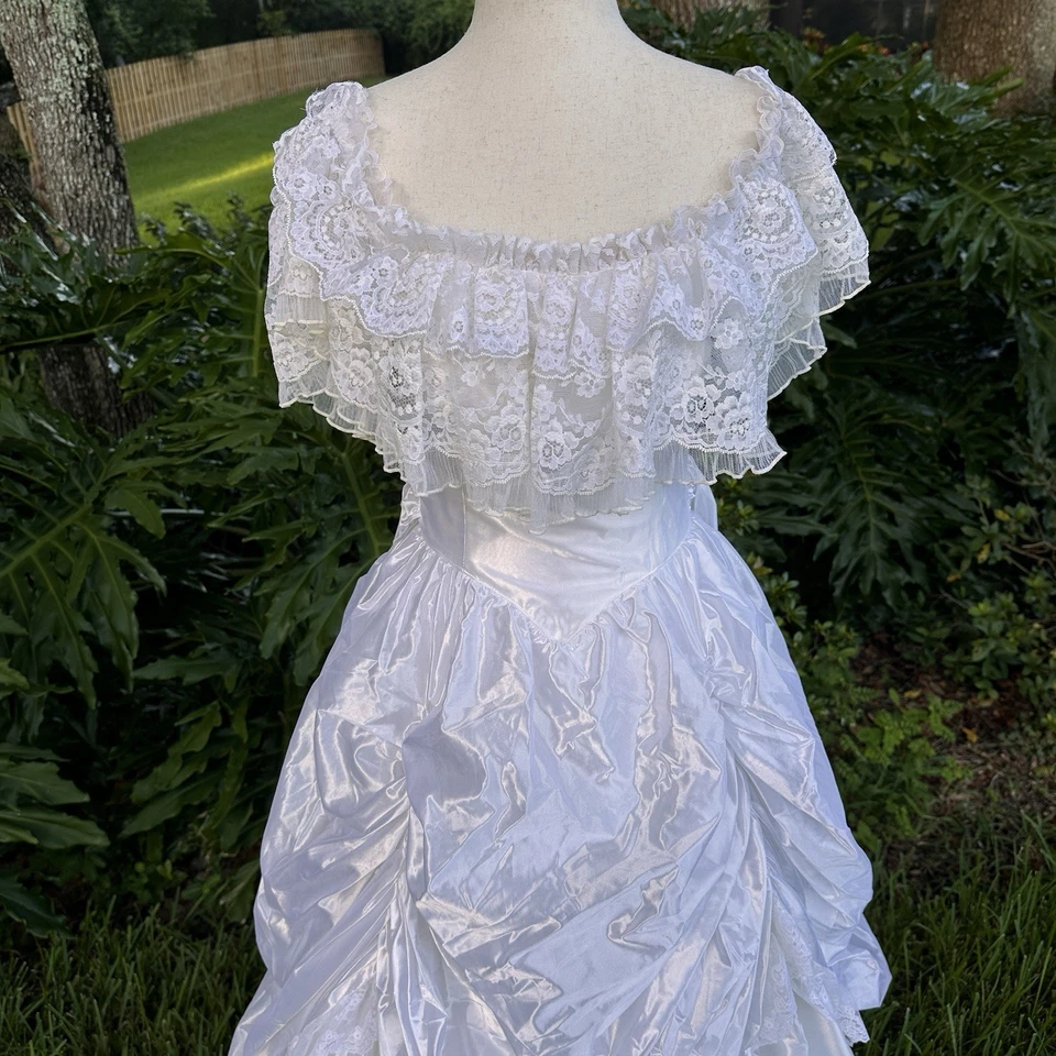 VTG 80’s Jessica McClintock Bridal White Satin Lace Dress-Size 7  Victorian - Image 3 of 4