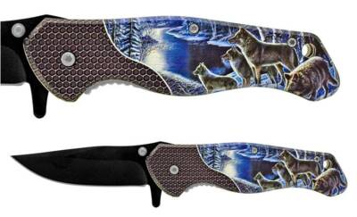 Moonlight Wolf Pack Hunting 8'' Pocket Knife American Wildlife Collection Outdoor