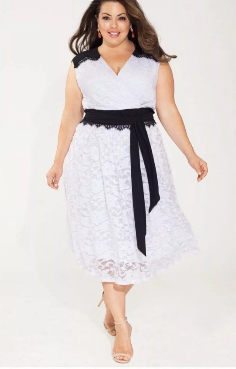 white lace dress with black belt IGIGI Berenice White Lace Classy Dress Black Belt Cocktail Plus Sz 12
