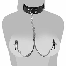 Faux Leather Collar With Breast Clamp Steel Nipple Clip Mouth Gag Sex toys BDSM