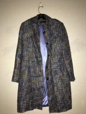 Tribal Size 12 Tweed Teal Blue Tan Wool Blend Jacket Coat Stylish Modern Women