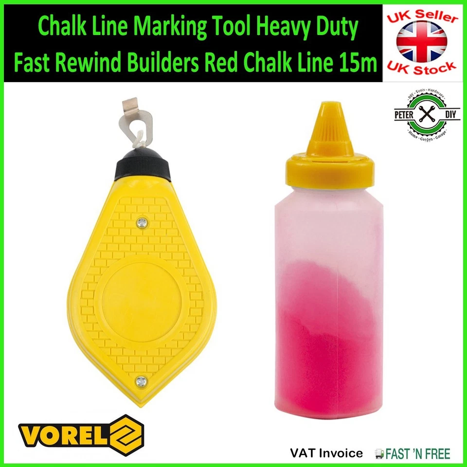 VOREL Chalk Line Marking Tool Heavy Duty Fast Rewind Builders Red Chalk Line 15m