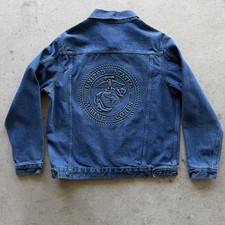 Vintage Denim Jacket Embossed United States Marine Corps L Made in USA Vietnam