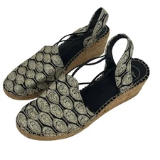 Toni Pons Origens Espadrilles 39 Black Gold Embroidered Wedge Heels Spain resort