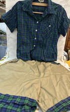 Vintage 1950s Shorts And Shirt Set Blue Green Plaid Khaki Shorts