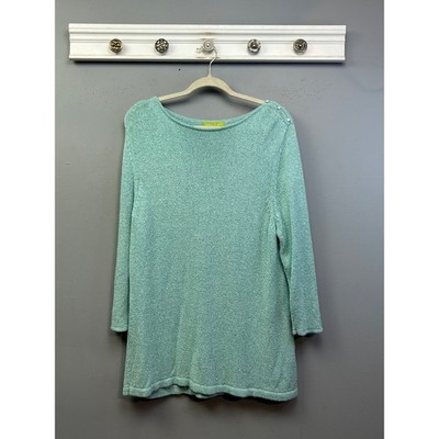 Sigrid Olsen Sweater Womens 1X Green Boat Neck Button Shoulder Tunic Knit Top