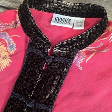 Vintage Chicos Women  s Printed Silk Kimono Jacket Size 1 Red Birds Art To Wear