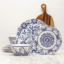 12-Piece Melamine Dinnerware Set - Indigo Floral | Lightweight, Durable, BPA-...