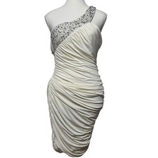 ABS by Allen Schwartz Dress Women M Ivory Beaded One Shoulder Ruched Y2K Formal