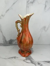 Vintage Art Pottery Handled Pitcher Vase 12” MCM Orange Green Brown Glazed