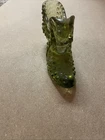 VINTAGE FENTON Olive GREEN Cat And Hobnail Pattern Glass Shoe Slipper