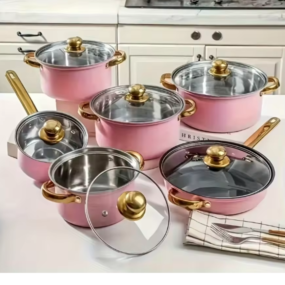 12 Piece Nonstick Cookware Set Stainless Steel Induction Fry Pans Pink