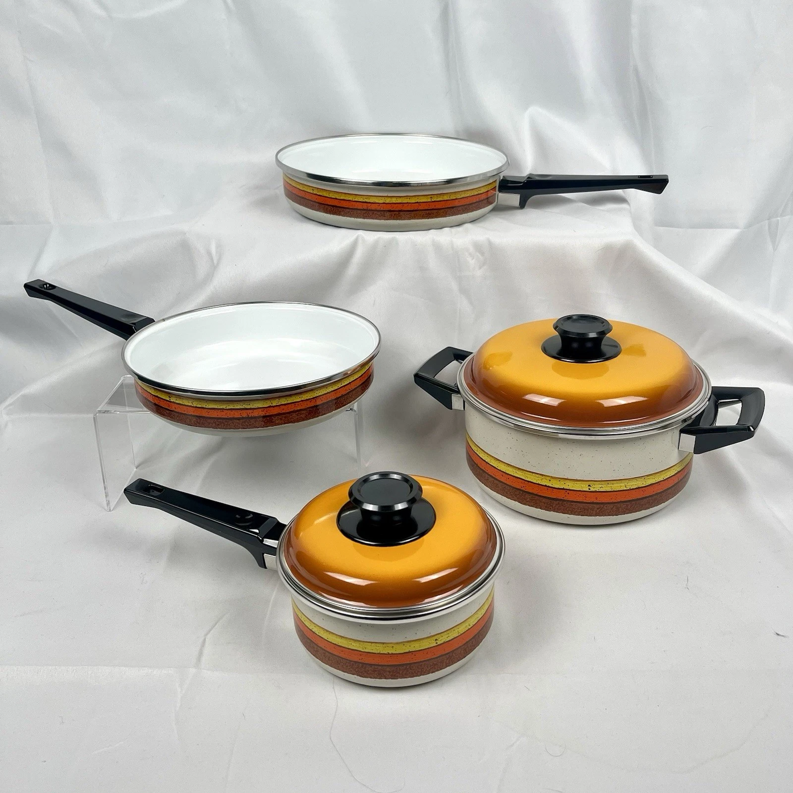 NOB 4 Pans 1970s Fiesta II Gourmet Enamelware Orange Yellow Brown FREE SHIP