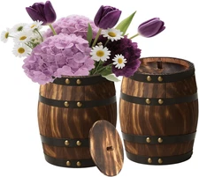 Wooden Wine Barrel Vases - Set of 2, Vintage Rustic Planters for Decor