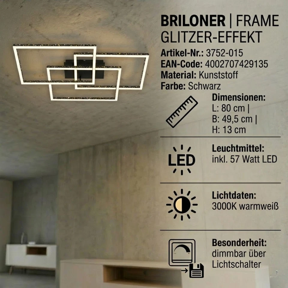 Deckenleuchte Briloner Frame LED 57W 80CM Deckenlampe Dimmbar Glitzereffekt Schw - Bild 1 von 4