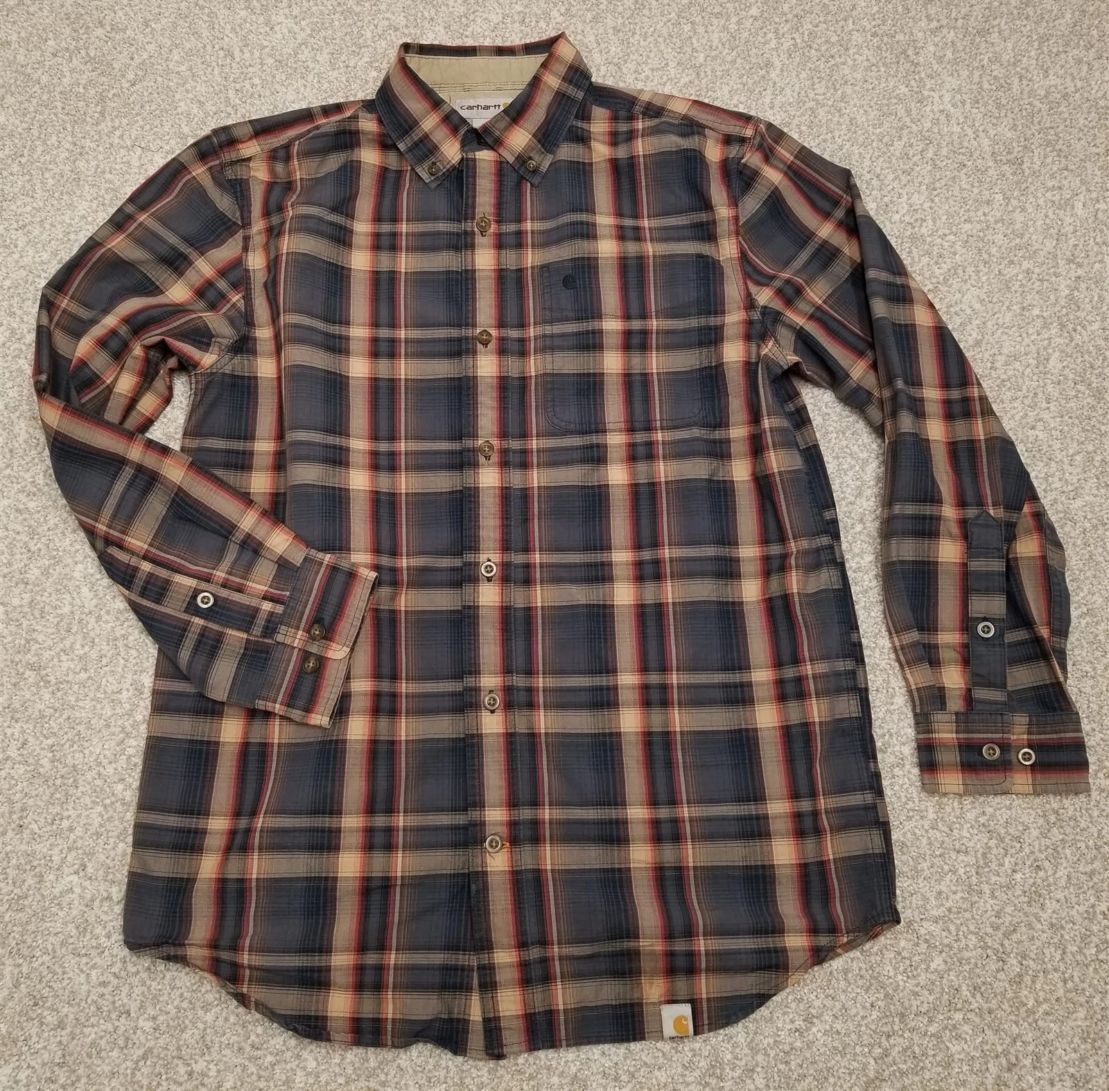 Carhartt Shirt Mens Medium Grey Tan Red Plaid Button Down Casual Outdoors