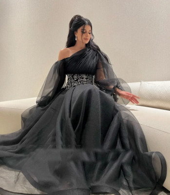 Elegant Evening Dresses Organza Puff Long Sleeves Crystal Belt