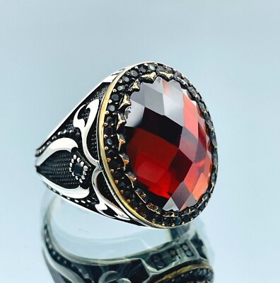 Men Simulated Ruby Red Stone Ring 925 Sterling Silver Ring Turkish