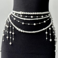 Lady Multi-layer Faux Pearl Beads Tassel Body Chain Waist Chain Body Jewellery