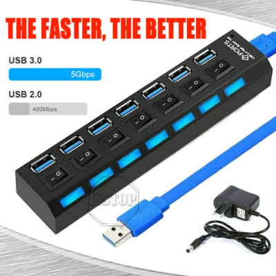 US 7 Port USB 3.0 HUB LED Powered High Speed Splitter Extender W/ Power Adapter